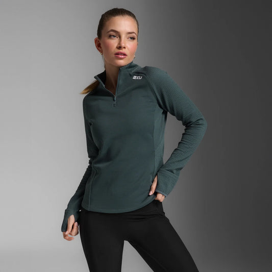 2XU Ignition Hyper-Haptic 1/4 Zip Fleece | Dark Sage / White Reflective | Womens